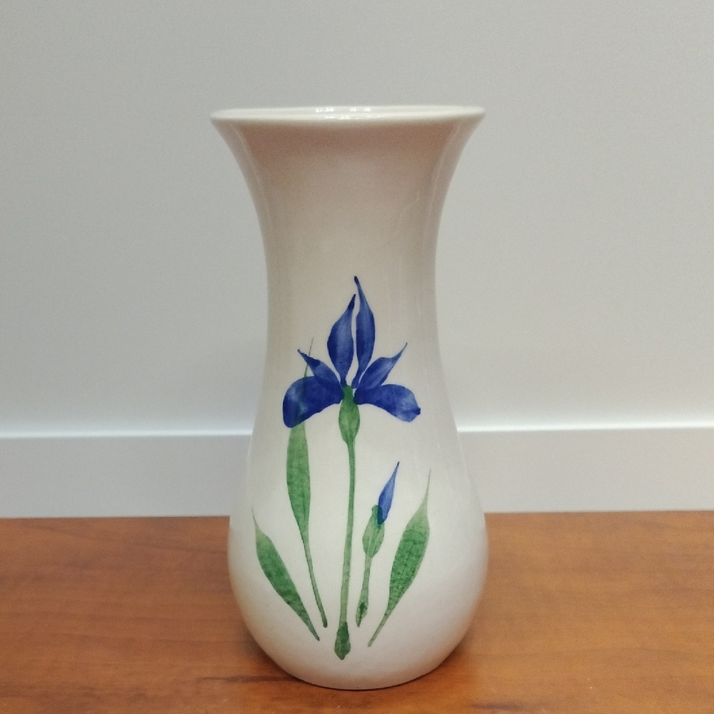 Vintage Emerson Creek Pottery 7 1/2" tall vase with painted blue flowers